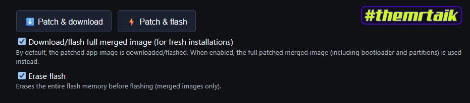 Dettaglio dei pulsanti nel Firmware Patcher MeshCore